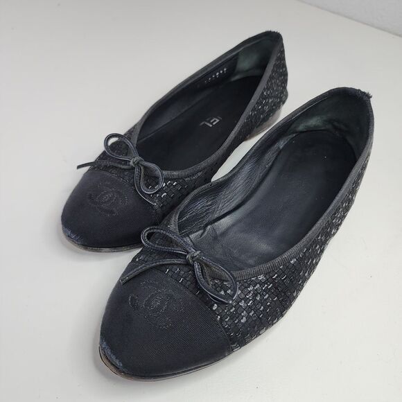 Chanel Glitter Tweed Ballet Flats Black Grosgrain Cap Toe Bow 37 Made in Italy - Picture 3 of 16